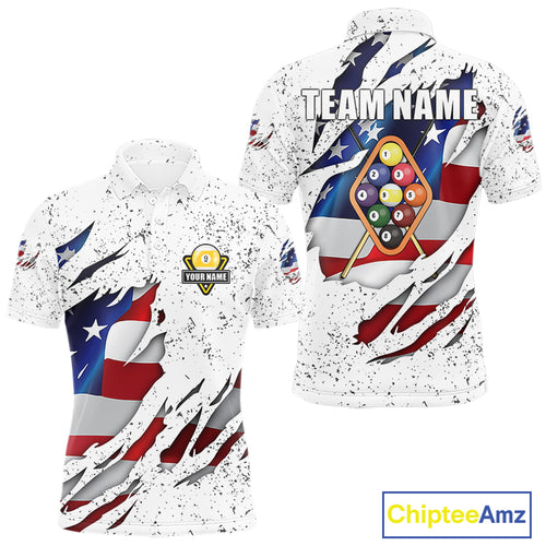 9 Ball Pool US Flag White Grunge Custom Men's Billiard Shirt, Patriotic Billiard Team Jersey TDM5138