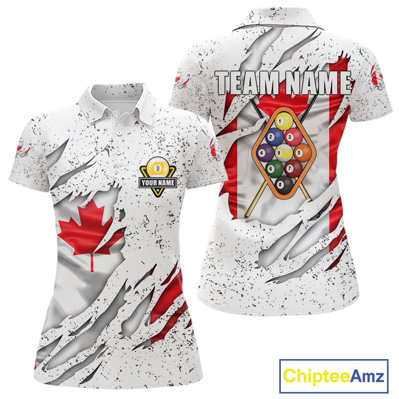9 Ball Pool Canada Flag White Grunge Custom Women's Billiard Shirt, Patriotic Pool Team Shirts TDM5139
