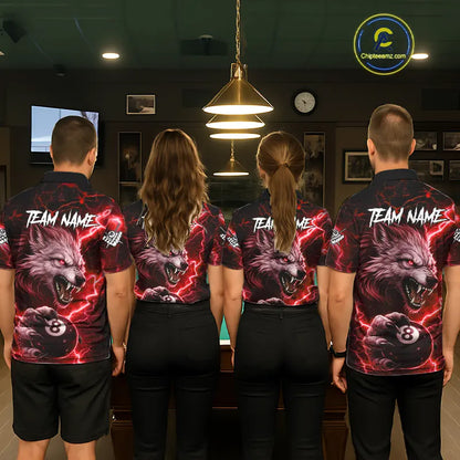 Red 8 Ball Pool Wolf Lightning Billiard Shirt For Men Custom Billiard Team Jersey Polo & 1/4 Zip TDM5614