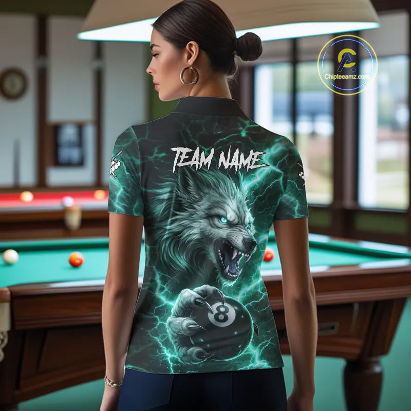 Turquoise 8 Ball Pool Wolf Lightning Billiard Shirt For Women Custom Billiard Jersey Polo & 1/4 Zip TDM5615