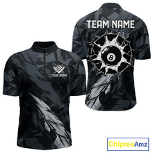 Load image into Gallery viewer, Men’s black and grey 8 ball billiard quarter zip shirt for competitive pool tournaments.