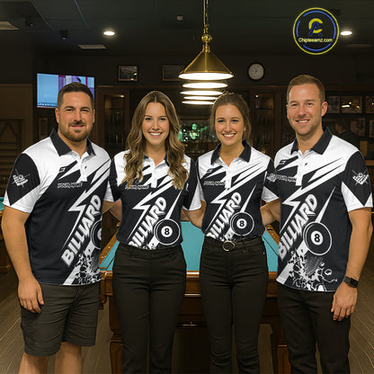 Pool team wearing matching funny 8 ball billiard jerseys during league play front view.