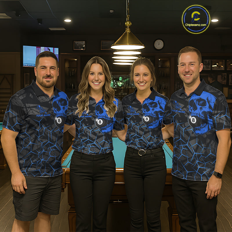 Pool team wearing matching blue skull billiard jerseys during tournament play front view.