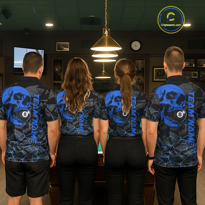 Back view of pool players wearing custom blue skull billiard shirts in a game room.