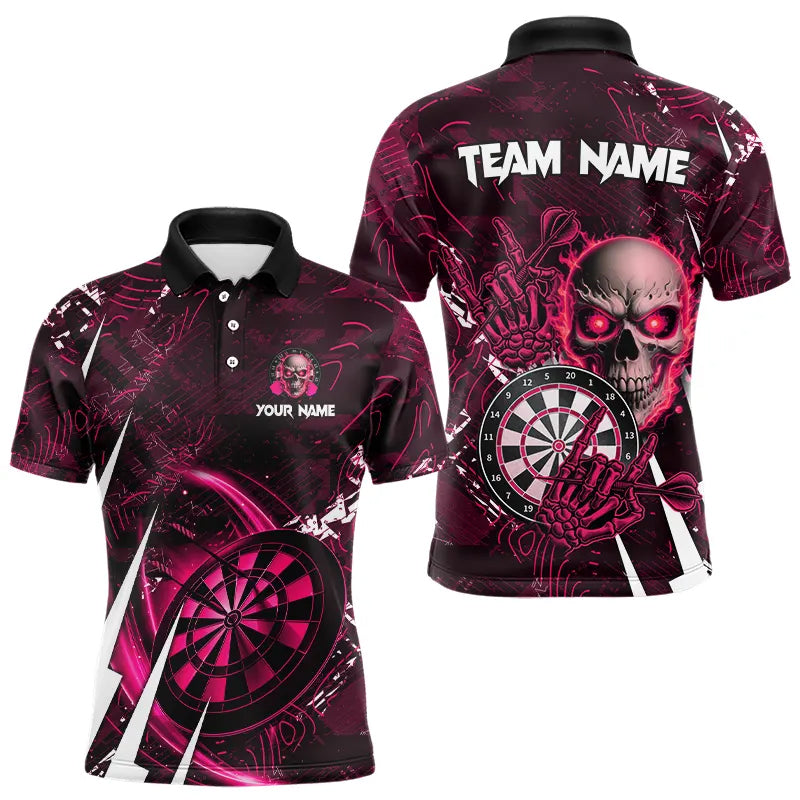 Personalized Pink 3D Skull Darts Polo & 1/4 Zip Shirts For Men Custom Cool Darts League Team Jersey TDM3366