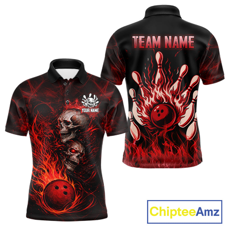Red Flaming Skull Bowling Shirts For Men Custom Fire Bowling Team Jersey Polo & Quarter Zip TDM5617