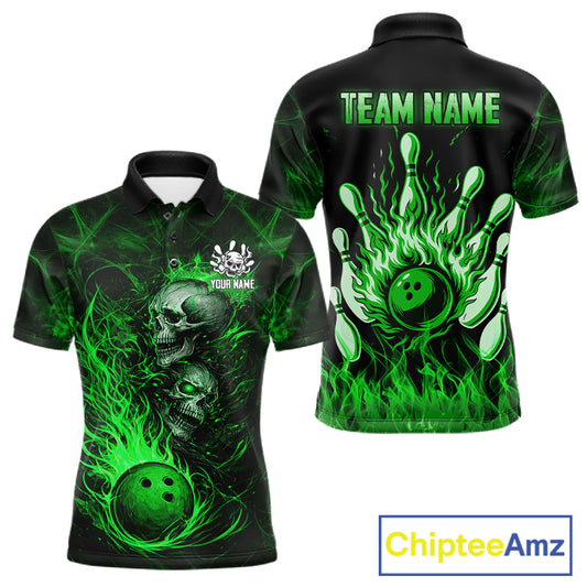 Green Flaming Skull Bowling Shirts For Men Custom Fire Bowling Team Jersey Polo & Quarter Zip TDM5618