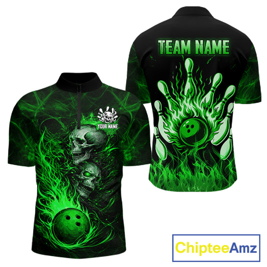 Green Flaming Skull Bowling Shirts For Men Custom Fire Bowling Team Jersey Polo & Quarter Zip TDM5618