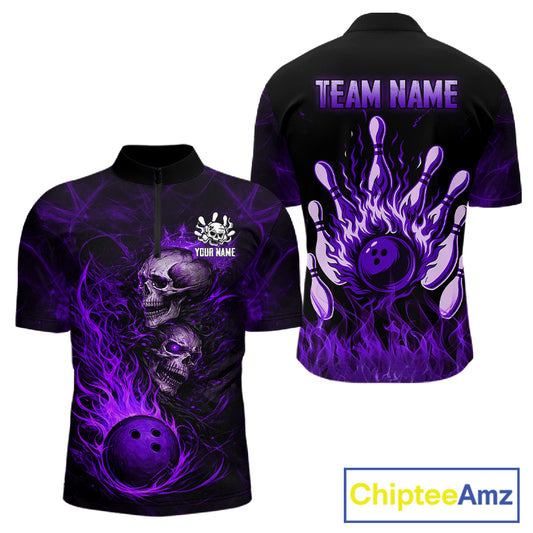 Purple Flaming Skull Bowling Shirts For Men Custom Fire Bowling Team Jersey Polo & Quarter Zip TDM5619