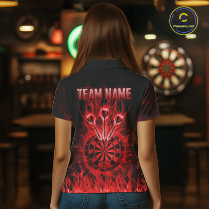 Red Flaming Skull Darts Polo & Quarter Zip Custom Fire Darts Shirt For Women, Darts Team Jersey TDM5620