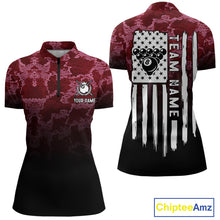 Load image into Gallery viewer, Black And Red Camo US Flag 8 Ball Billiard Shirt For Women Custom Pool Team Jersey Polo &amp; 1/4 Zip TDM5994