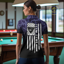 Load image into Gallery viewer, Black And Purple Camo US Flag 8 Ball Billiard Shirt For Women Custom Pool Team Jersey Polo &amp; 1/4 Zip TDM5995