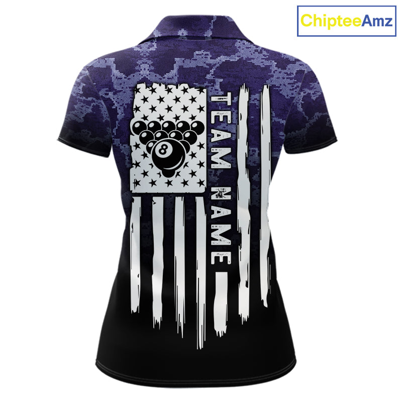 Black And Purple Camo US Flag 8 Ball Billiard Shirt For Women Custom Pool Team Jersey Polo & 1/4 Zip TDM5995