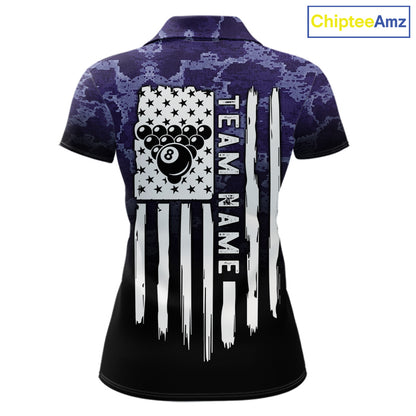 Black And Purple Camo US Flag 8 Ball Billiard Shirt For Women Custom Pool Team Jersey Polo & 1/4 Zip TDM5995
