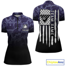 Load image into Gallery viewer, Black And Purple Camo US Flag 8 Ball Billiard Shirt For Women Custom Pool Team Jersey Polo &amp; 1/4 Zip TDM5995