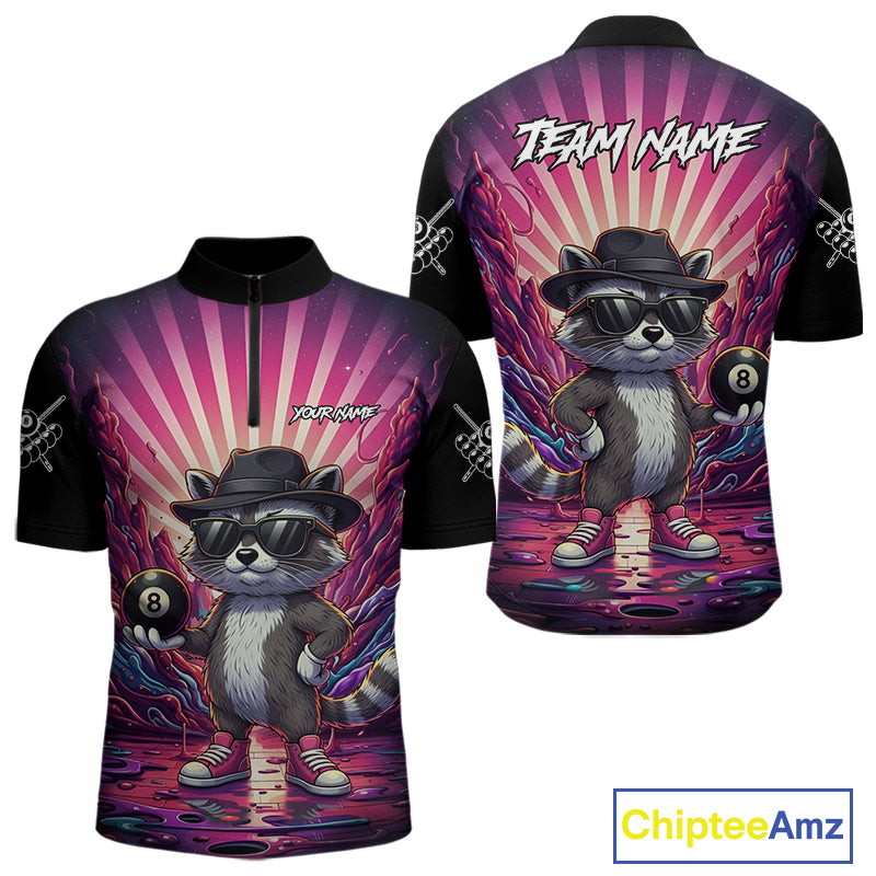 Funny Raccoon 8 Ball Billiard Shirt For Men Custom Pink Graffiti Pool Jersey Team Polo & 1/4 Zip TDM5998