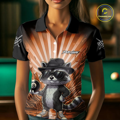 Funny Raccoon 8 Ball Billiard Shirt For Women Custom Orange Graffiti Pool Jersey Team Polo & 1/4 Zip TDM5999