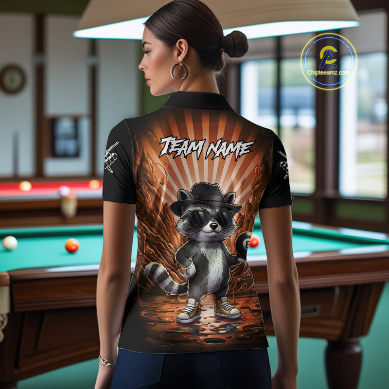 Funny Raccoon 8 Ball Billiard Shirt For Women Custom Orange Graffiti Pool Jersey Team Polo & 1/4 Zip TDM5999