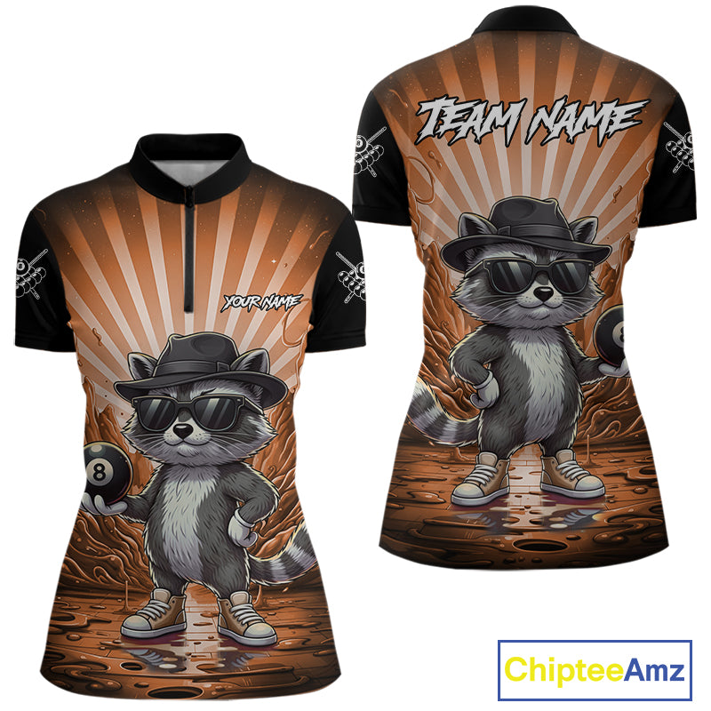 Funny Raccoon 8 Ball Billiard Shirt For Women Custom Orange Graffiti Pool Jersey Team Polo & 1/4 Zip TDM5999