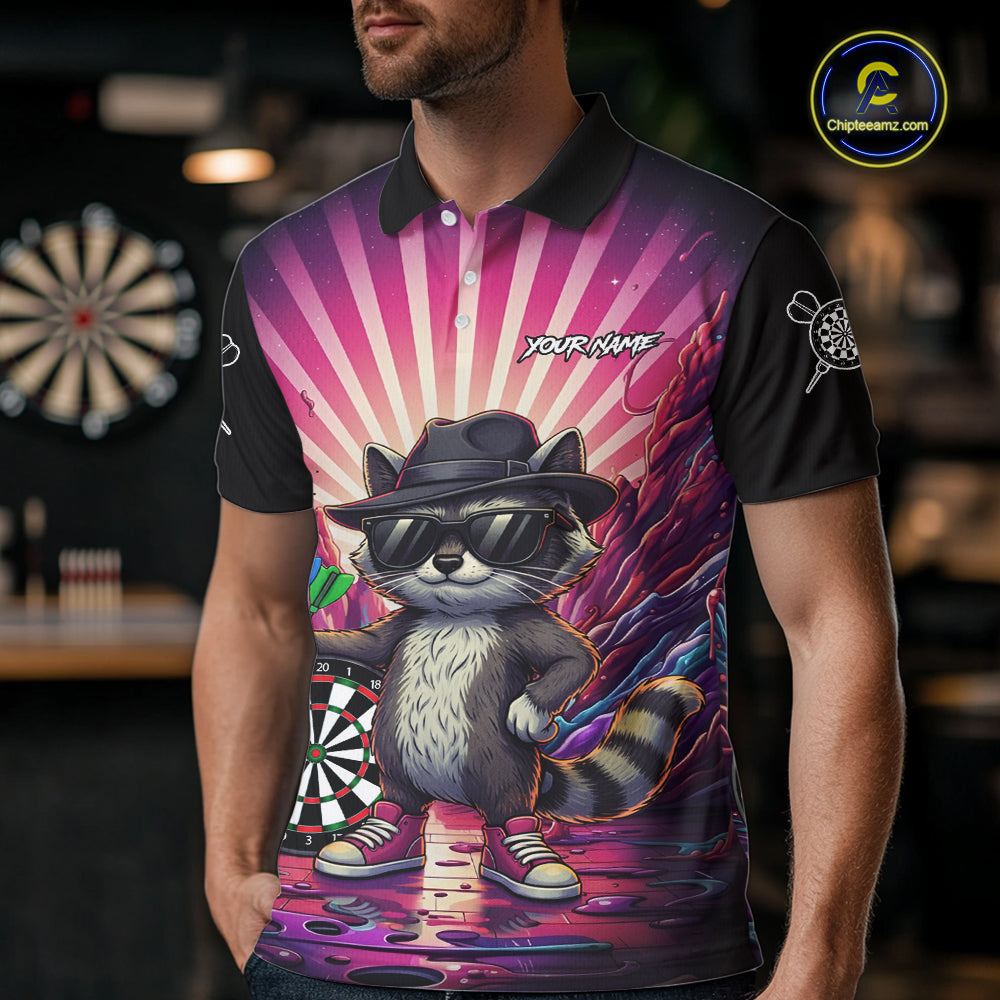 Pink Funny Raccoon Neon Graffiti Darts Shirt For Men Custom Darts Jersey Team Polo & 1/4 Zip TDM6000