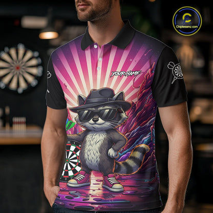 Pink Funny Raccoon Neon Graffiti Darts Shirt For Men Custom Darts Jersey Team Polo & 1/4 Zip TDM6000
