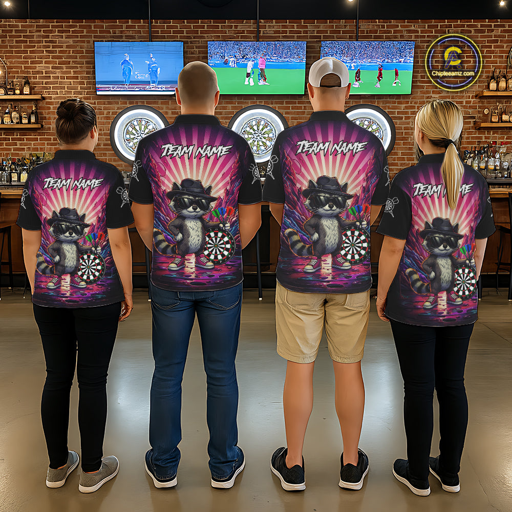 Pink Funny Raccoon Neon Graffiti Darts Shirt For Men Custom Darts Jersey Team Polo & 1/4 Zip TDM6000