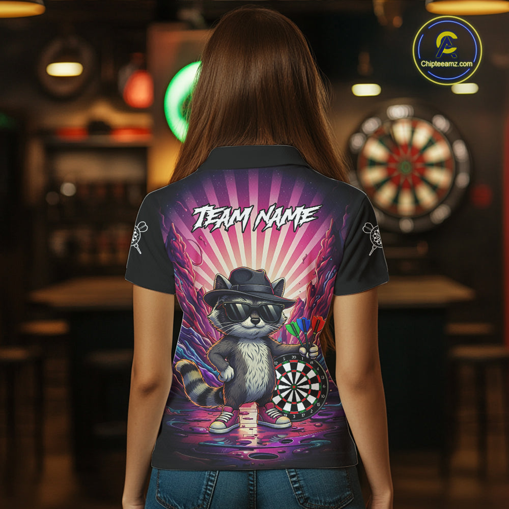 Pink Funny Raccoon Neon Graffiti Darts Shirt For Women Custom Darts Jersey Team Polo & 1/4 Zip TDM6000