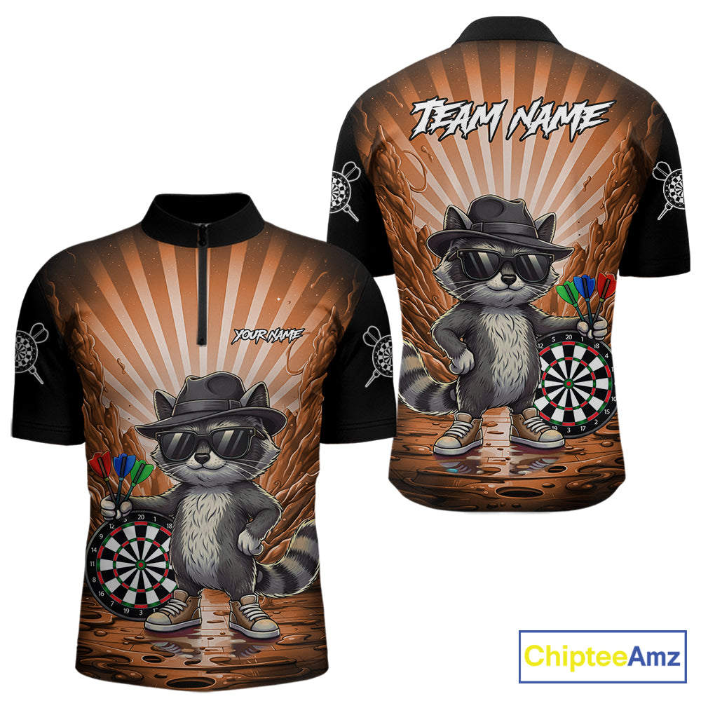 Orange Funny Raccoon Neon Graffiti Darts Shirt For Men Custom Darts Jersey Team Polo & 1/4 Zip TDM6001