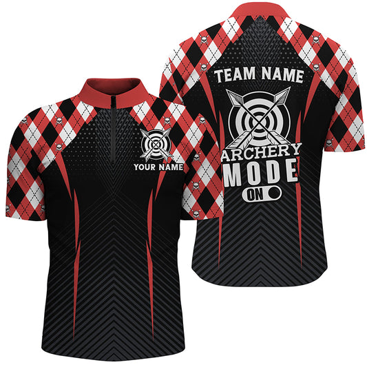 Funny Archery Mode On Argyle Pattern Customized Men Quarter-Zip Shirt, Archery Team Jersey TDM1360