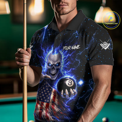 Blue Lightning 8 Ball US Flag Skull Billiard Shirt For Men Custom Pool Team Jersey Polo & 1/4 Zip TDM6230