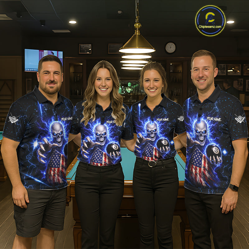 Blue Lightning 8 Ball US Flag Skull Billiard Shirt For Men Custom Pool Team Jersey Polo & 1/4 Zip TDM6230