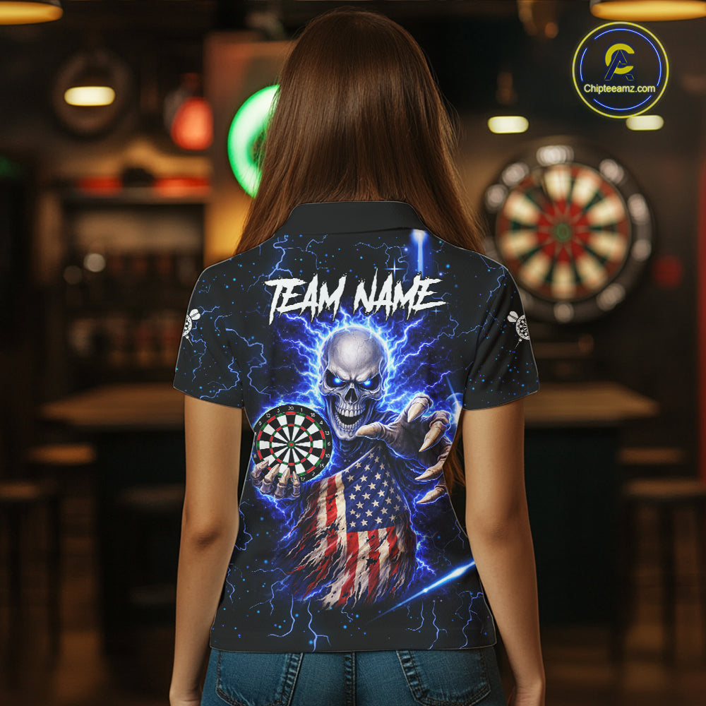 Blue Lightning US Flag Skull Darts Shirt For Women Custom Darts Jersey Team Polo & Quarter Zip TDM6231