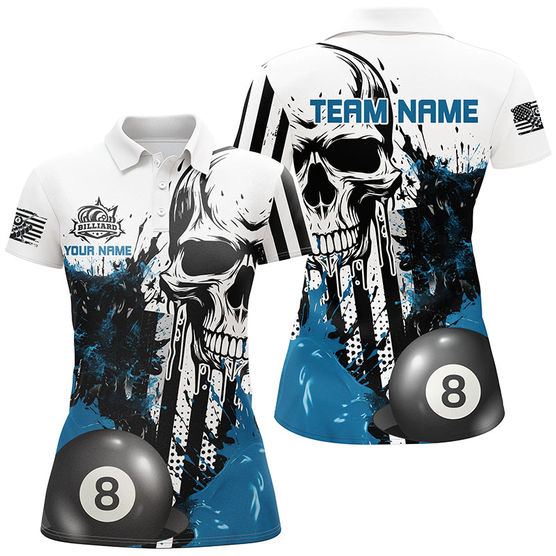 Personalized Blue Grunge Skull Billiards Shirts For Women Custom Retro Billiard Team Jerseys Attire TDM1563