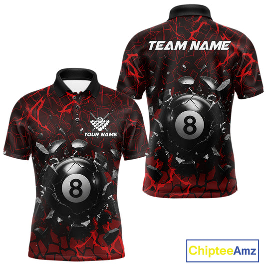 Red crack 8 ball billiard polo shirt for men with bold pool team graphics and tournament-ready style.