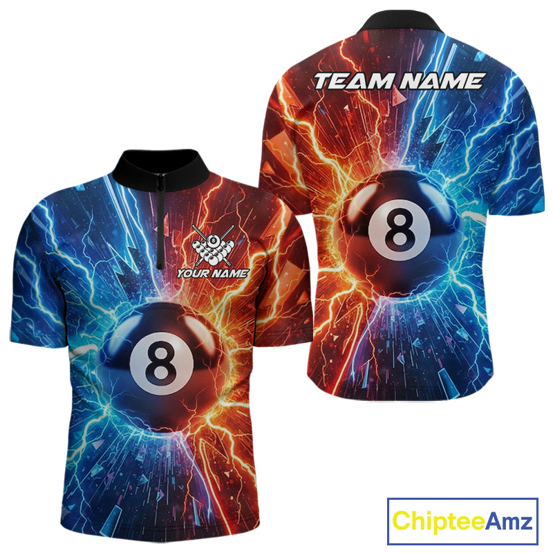 Custom blue and orange lightning 8 ball pool billiard quarter zip shirt for men, personalized pool team jersey.