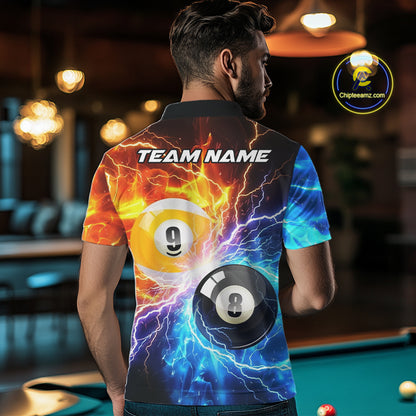 Man wearing blue and orange lightning 8 ball and 9 ball billiard polo shirt back view.