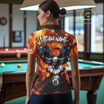 Woman wearing custom fire flame red 8 ball US flag eagle billiard polo shirt back view.
