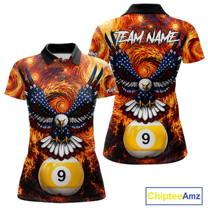 Custom fire flame red 9 ball US flag eagle billiard pool team jersey polo shirt for women, personalized billiard league apparel and tournament jersey.