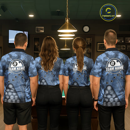 Blue Camo 8 Ball Billiard Shirt For Women Custom Pool Team Shirt, Billiard Jersey Polo & 1/4 Zip TDM6008