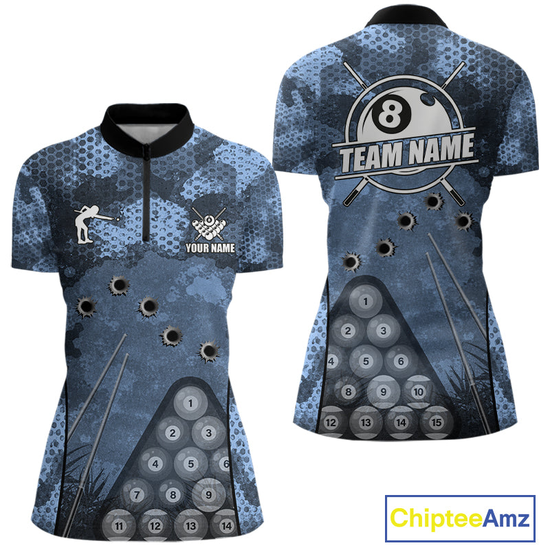 Blue Camo 8 Ball Billiard Shirt For Women Custom Pool Team Shirt, Billiard Jersey Polo & 1/4 Zip TDM6008