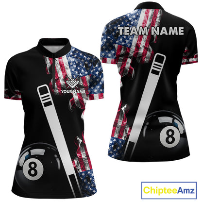 US Flag Smoke 8 Ball Billiard Shirt For Women Custom Patriotic Pool Team Jersey Polo & 1/4 Zip TDM6010
