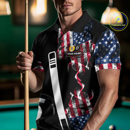US Flag Smoke 8 Ball 9 Ball Billiard Shirt For Men Custom Patriotic Pool Team Jersey Polo, 1/4 Zip TDM6011