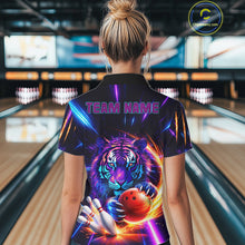 Load image into Gallery viewer, Custom Neon Blue And Purple Tiger Bowling Shirt For Women, Bowling Team Jersey Polo &amp; 1/4 Zip Shirt TDM6241
