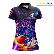 Load image into Gallery viewer, Custom Neon Blue And Purple Tiger Bowling Shirt For Women, Bowling Team Jersey Polo &amp; 1/4 Zip Shirt TDM6241