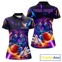 Load image into Gallery viewer, Custom Neon Blue And Purple Tiger Bowling Shirt For Women, Bowling Team Jersey Polo &amp; 1/4 Zip Shirt TDM6241