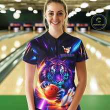 Load image into Gallery viewer, Custom Neon Blue And Purple Tiger Bowling Shirt For Women, Bowling Team Jersey Polo &amp; 1/4 Zip Shirt TDM6241