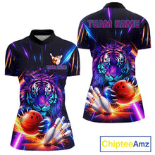 Load image into Gallery viewer, Custom Neon Blue And Purple Tiger Bowling Shirt For Women, Bowling Team Jersey Polo &amp; 1/4 Zip Shirt TDM6241