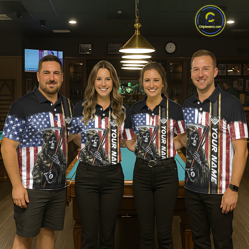 Camo Grim Reaper 8 Ball Billiard Shirt For Women Custom American Flag Pool Team Jersey Polo, 1/4 Zip TDM6246