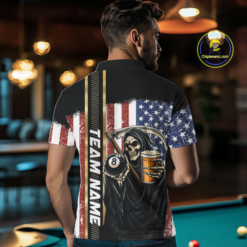Grim Reaper With Beer Custom 8 Ball Billiard Shirt For Men, US Flag Pool Team Jersey Polo, 1/4 Zip TDM6247