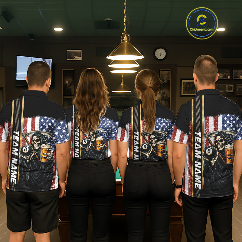 Grim Reaper With Beer Custom 8 Ball Billiard Shirt For Women, US Flag Pool Team Jersey Polo, 1/4 Zip TDM6247
